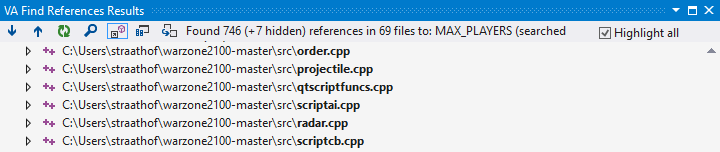 Visual Assist Find References Results showing 746 references in 69 files for the symbol MAX_PLAYERS.