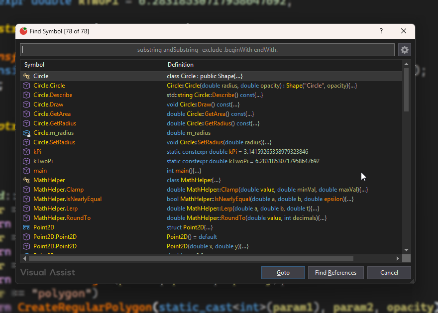 VA View tool window with Files and Symbols dropdowns for solution-wide navigation